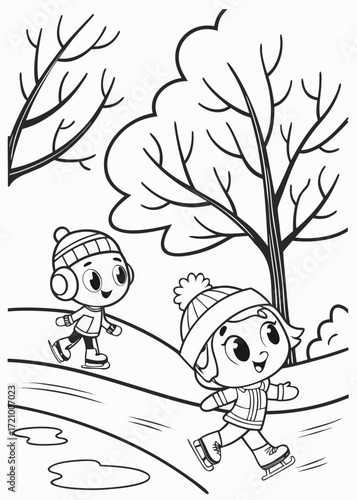 line art kids ice skating on a frozen pond with sn.eps
