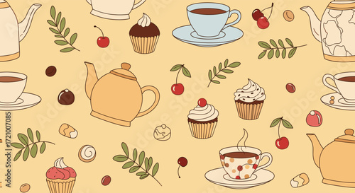 A delightful and charming pattern featuring tea time treats and beverages.