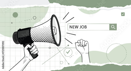 Illustration of a hand holding a megaphone announcing a new job search.