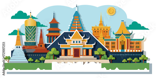 Paper Art Cityscape of Bangkok with Temples and Modern Buildings.