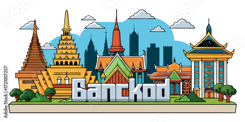 Paper Art Cityscape of Bangkok with Temples and Modern Buildings.