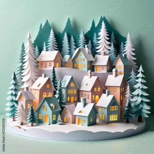 Winter village dreamscape with moonlit paper houses