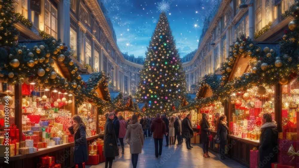 Fototapeta premium Festive Christmas market in a city center at night