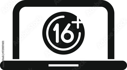 Simple black and white vector icon representing age restriction for users under sixteen years old accessing online content
