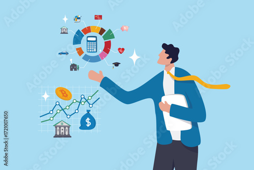 Financial advisor giving advice for budget planning, wealth management or investment strategy, saving or income tax, mortgage or expense, businessman financial advisor talk with graph and chart.