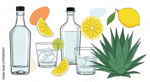 Clear spirits with citrus slices and an agave plant illustration.