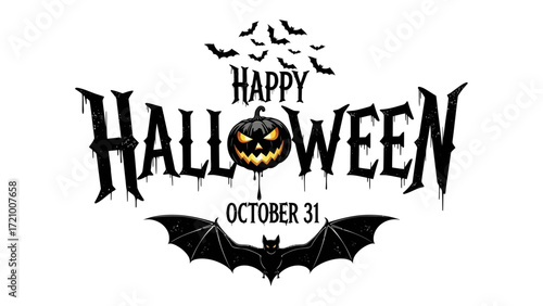 Happy Halloween: A chilling Halloween illustration featuring bats, pumpkin, and bold typography, casting a shadow of spooky delight. 
