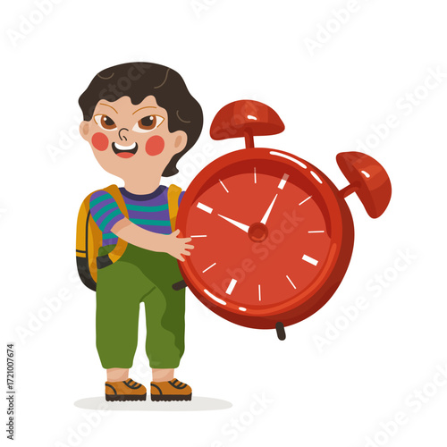 Asian schoolboy smiles and holds in his hands a large red alarm clock, a print for school templates, postcards, invitations.
