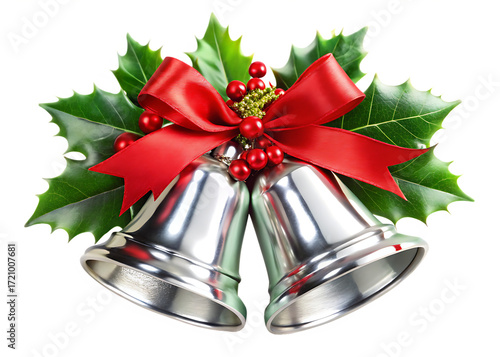 Shiny silver Christmas bells with red ribbon isolated on a transparent background