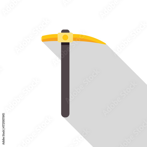 Gold mining pickaxe tool with long shadow isolated on white background, flat design vector illustration