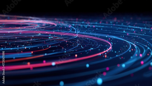 A dynamic, swirling design features intricate, glowing lines and points of light in vibrant colors, creating a captivating visual representation of complex data connections.