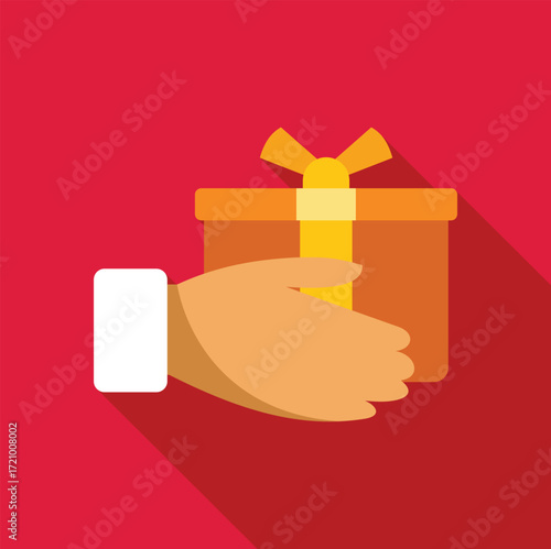 Hand offering an orange gift box with golden ribbon on red background, perfect for celebrating special occasions