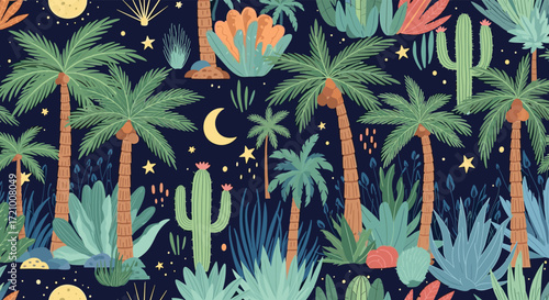 A whimsical desert night with a vibrant celestial display and lush tropical flora.