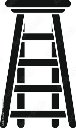 Simple black vector icon of a tall wooden step stool, featuring four steps and a round top, perfect for kitchen or household tasks