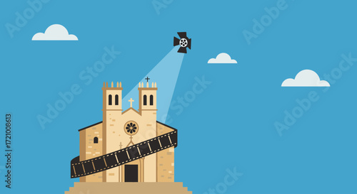 A clean flat design illustration depicting the iconic Sitges church, subtly intertwined with film festival elements like a film strip and spotlight, symbolizing the event's unique location.