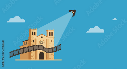 A clean flat design illustration depicting the iconic Sitges church, subtly intertwined with film festival elements like a film strip and spotlight, symbolizing the event's unique location.