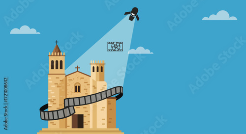 A clean flat design illustration depicting the iconic Sitges church, subtly intertwined with film festival elements like a film strip and spotlight, symbolizing the event's unique location.