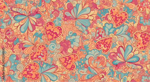A whimsical and vibrant seamless pattern of hearts and floral elements in a retro color palette.