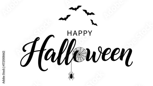 Happy Halloween with Spooky Elements: Festive greetings with elegant script, a spider, bats silhouette and a delicate web, perfectly capturing the essence of the Halloween. 