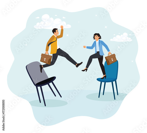 Two office workers swap job positions in the office.