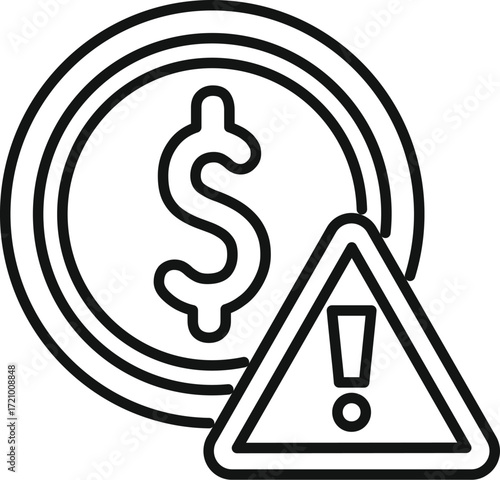 Attention sign is warning about financial risk related to dollar coin, representing investment risk, economic crisis, or money problem