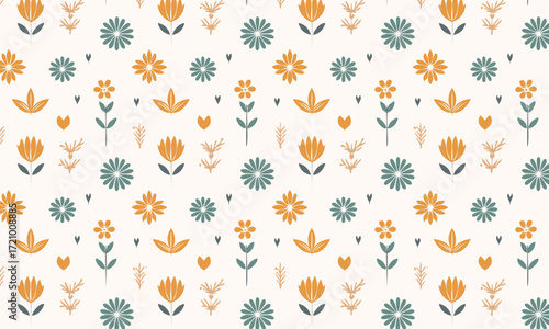 Autumn Folk Art Meadow Seamless Pattern with Embroidery Texture