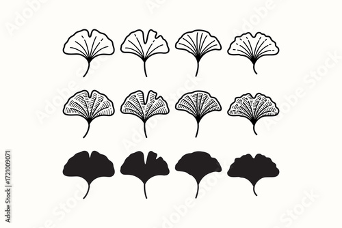 Ginkgo leaf line icon set. Maidenhair lead silhouette symbol pack. Herbal and botanical leaf engraving element designs. Floral, Botanic, Garden, Decorative, Nature. Vector illustration