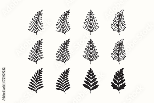 Fern leaves line icon set. Tropical foliage and frond silhouette symbol pack. Botanical leaf engraving element designs. Nature, Gardening, Landscape, Eco, Botanic. Vector illustration