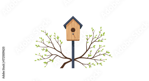 A charming wooden birdhouse perched on a pole surrounded by blooming spring branches.