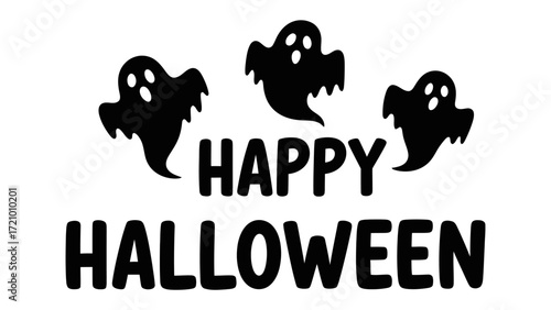 Happy Halloween: Three playful ghosts and bold typography create a festive Halloween greeting, evoking the excitement of the holiday season and its spooky charm. 