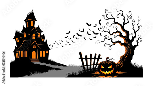 Spooky Halloween Night: A chilling Halloween illustration featuring a haunted house, a carved pumpkin, and a swarm of bats against a backdrop of a silhouetted tree and an ominous night sky.