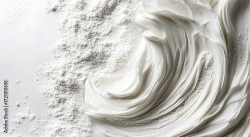 Close-up of whipped cream and powder on white background