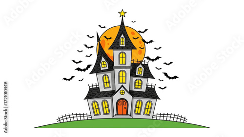 Haunted House Illustration: A whimsical illustration of a spooky haunted house, complete with bats silhouetted against a radiant moon, exuding the eerie charm of Halloween.