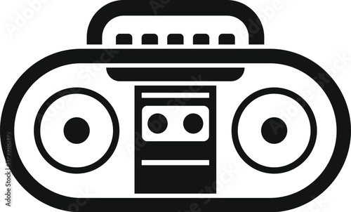 Black and white illustration of a retro boombox playing a cassette tape, featuring a handle and two speakers