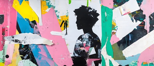 Colorful abstract collage with female silhouette in vibrant mixed media art