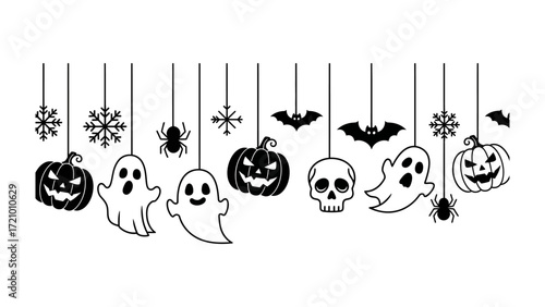 Spooky Halloween Banner: A captivating Halloween banner adorned with iconic symbols, including grinning pumpkins, ghostly apparitions, creepy spiders, and bats. Ideal for a spooky festive ambiance!