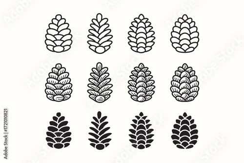 Pine and spruce cone line icon set. Conifer cone silhouette symbol pack. Fir and seed cone engraving element designs. Foliage, Nature, Floral, Eco, Gardening, Landscape, Nature. Vector illustration