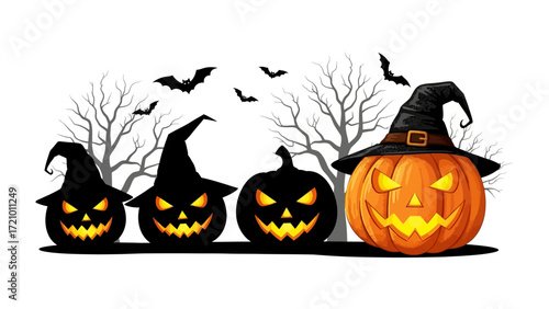 Spooky Pumpkins on Halloween: A Halloween scene features four glowing pumpkins, including one wearing a witch hat, with bats, trees, and dark, spooky details creating a festive, eerie atmosphere.