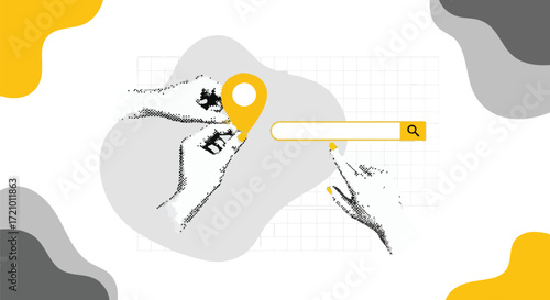 Illustration of hands interacting with a location pin and search bar, representing finding a place.