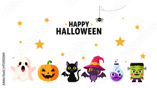 Spooky Halloween Celebration: Festive collection of adorable cartoon Halloween characters on a crisp background. Each character is bursting with personality.