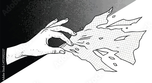Dynamic hand tearing apart grid paper, symbolizing disruption, change, and breaking down barriers in a bold graphic style