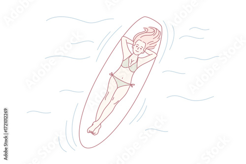 Happy woman lying on board swimming in sea on summer vacations. Smiling girl enjoy summertime in swimming pool. Recreation concept. Vector illustration.