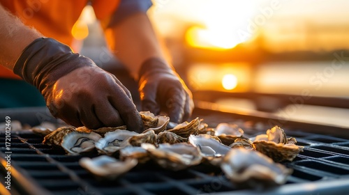 Fototapeta Naklejka Na Ścianę i Meble -  Fisherman hands harvesting fresh oysters at sunset