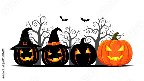 Spooky Halloween Pumpkins: A collection of meticulously carved pumpkins, each exuding a unique spectral aura. The pumpkins are adorned with witch hats, bats, and eerie glow.