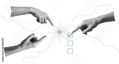Hands pointing to checklist with completed task, representing project success and efficient task management in a modern, minimalist design