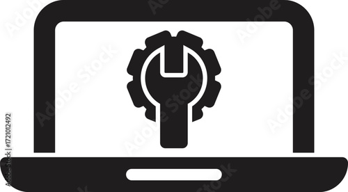 Black laptop displaying wrench and gear, symbolizing computer maintenance, technical support, and software updates