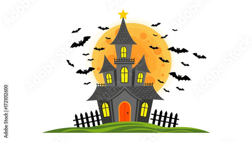 Haunted House at Halloween: A spooky haunted house with bats against a full moon, evoking the thrilling spirit of Halloween. 