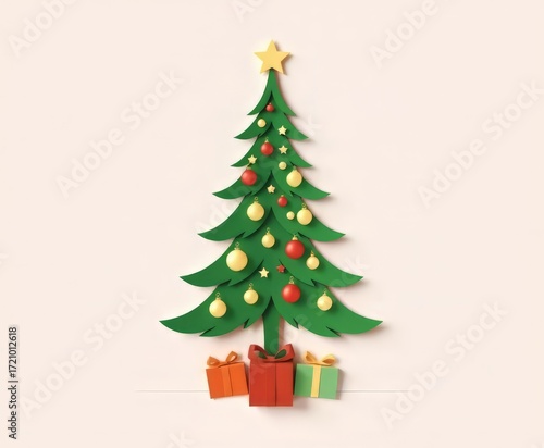 Elegant paper Christmas tree with gifts and ornaments