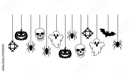Spooky Halloween Decoration: A row of iconic Halloween figures suspended against a dark background, perfect for invitations, social media, or other promotional materials.