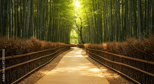 Find tranquility walking through a serene bamboo forest path illuminated by sunlight